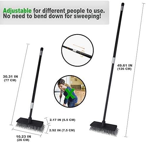 Floor Scrubbing Brush Stiff Bristles with 49.6 inches Telescopic Long Handle, Yard Brush Concrete Broom for Cleaning Garden, Patio Bathroom, Kitchen, Garage, Deck, Tile, Marble, Stone, Wood Floors
