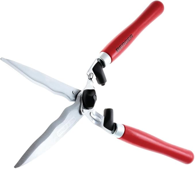 BERGER Professional Hedge Shear, Self-Sharpening 9.45" Steel Blades, Chrome-Plated Wavy Blades, 2 Sap Grooves to Prevent Sticking, Wood Handles, 4590