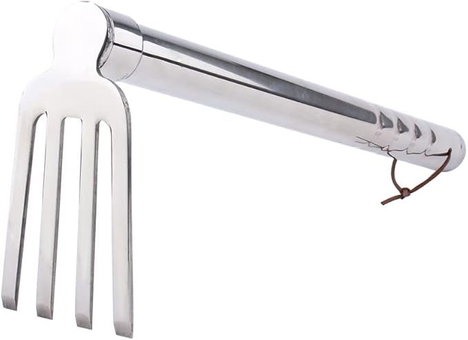 Stainless Steel Garden Cultivator Metal Hand Weather Resistant Hand Tool 15-Inch Lightweight 4 prongs Rake for Weeding Seeding Turning Soil