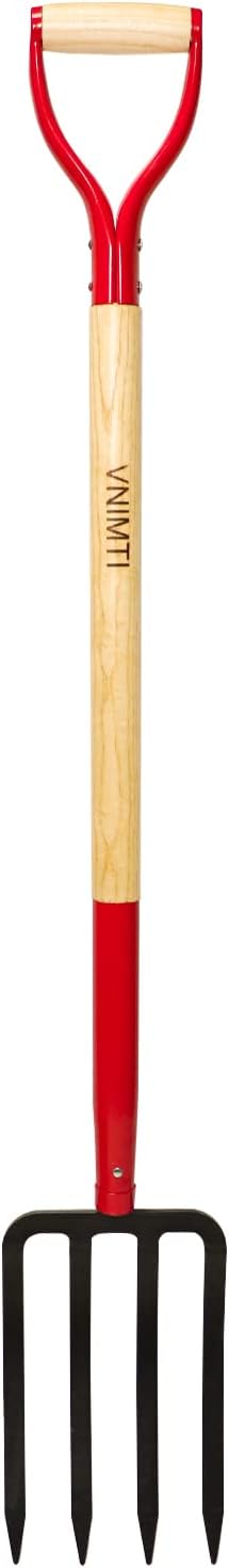 VNIMTI Garden Fork,4-Tine Spading Fork,Compost Fork,Steel Digging Fork,45Inch,Steel Y-Grip,Wooden Handel