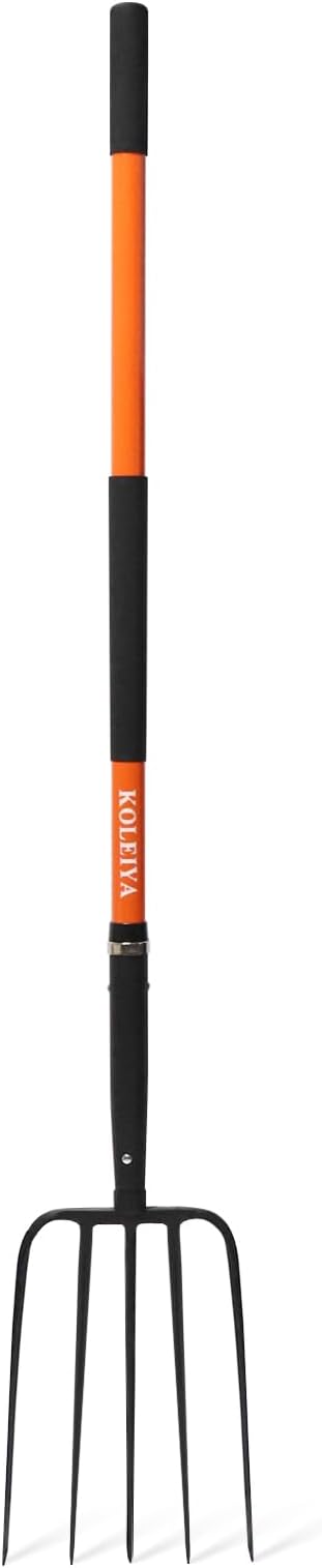 Pitchfork,5 Tine Garden Fork,Pitchforks for Gardening,Pitch Fork with Long Fiberglass Handle,57inches,Orange
