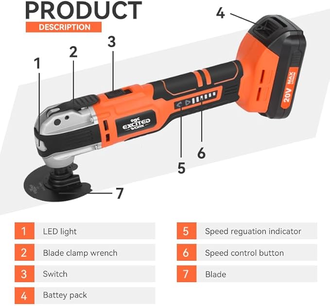 20V Cordless Oscillating Tool Kits, LAZYLAND Brushless Oscillating Multitool with 6-variable speed, Battery and accessories for Cutting, Grinding, Scraping, Sanding