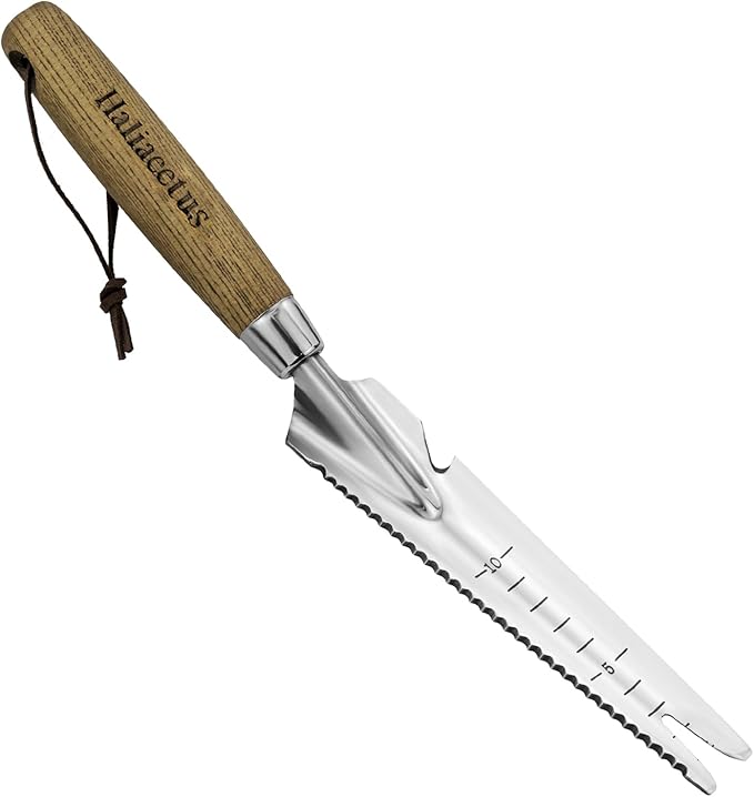 Haliaeetus Multi-Use Weed Trowel, Stainless Steel Dandelion Fork Puller, Serrated Edges Manual Weed Puller for Quick Cutting and Weeding, Garden Weed Trowel with Measuring Scale for Planting, Digging