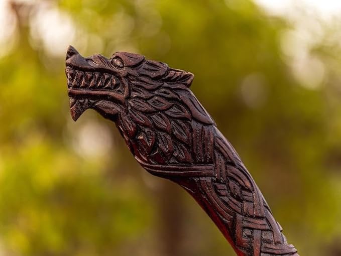 Qepaa Crafts® Viking Axe – 20" Fenrir Carved Norse Hatchet | Hand-Forged High Carbon Steel Axe with Ashwood Handle & Leather Sheath (LHA)