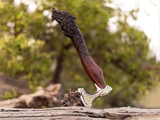 Qepaa Crafts® Viking Axe – 20" Fenrir Carved Norse Hatchet | Hand-Forged High Carbon Steel Axe with Ashwood Handle & Leather Sheath (LHA)