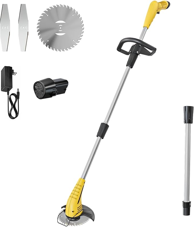 Aokia Cordless Weed Wacker:String Trimmer with 12V Battery Operated - Lightweight Lawn Trimmer, Electric Grass Trimmer Edger with 2 Blades and Extension Rod for Lawn Yard, Yellow