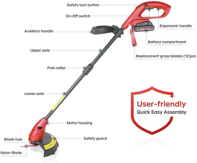 20V Cordless Weed Wacker with 9-Inch Blade, 2.0Ah Battery Powered Grass Trimmer and Lawn Edger, Light Weight Electric Brush Cutter with 12 PCS Replacement Blades for Yard and Garden