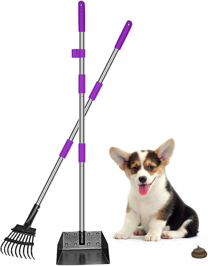 QiMH Upgraded Dog Pooper Scooper Extra Large, Adjustable Long Handle Stainless Metal Pet Poop Tray and Rake Set for Large Medium Small Dogs, Dog Waste Removal Bin Rake, Great for Grass, Street, Gravel