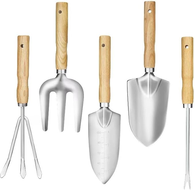 Garden Tool Set, 5 Piece Stainless Steel Gardening Tools with Wooden Handles Hand Tools with Transplanting Hand Shovel, Rake and Root Picker Ideal for Digging and Planting.