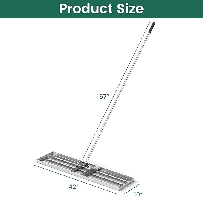 Goplus Lawn Leveling Rake, 42" x 10" Heavy Duty Level Lawn Tool w/ Ergonomic Handle for Soil, Effort-Saving Landscape Rake for Garden, Backyard, Golf Course, Farm, Pasture, Silver