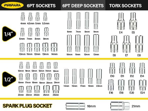 PIRIPARA 108 Piece Mechanics Tool Set Metric And Standard 1/4" & 1/2" Socket Set, Ratchet Set, Universal Joint, Extension Bars, Quick Release Reversible Ratchet Wrench, Plastic Toolbox Storage