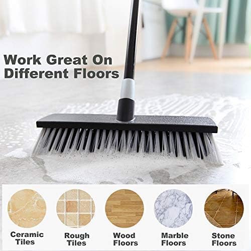 Floor Scrubbing Brush Stiff Bristles with 49.6 inches Telescopic Long Handle, Yard Brush Concrete Broom for Cleaning Garden, Patio Bathroom, Kitchen, Garage, Deck, Tile, Marble, Stone, Wood Floors