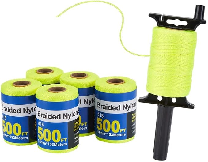 6 Roll Mason Line String Line - #18 Braided Nylon String - 500 Ft Length - Nylon with Reloadable Line Reel Twine for Gardening Or Masonry Tools - Perfect Construction String (Yellow)