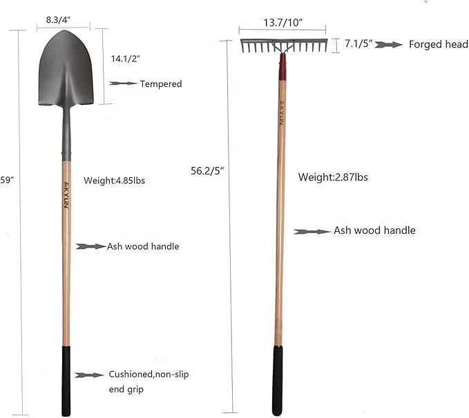 KYLIN Landscaping Shovel Rake Tools Set Heavy Duty Yard Digging Shovels Garden Hoe Long Ash Handle Forged Scraper Bush Hook for Professional-Grade 8 Pieces Lawn Tools