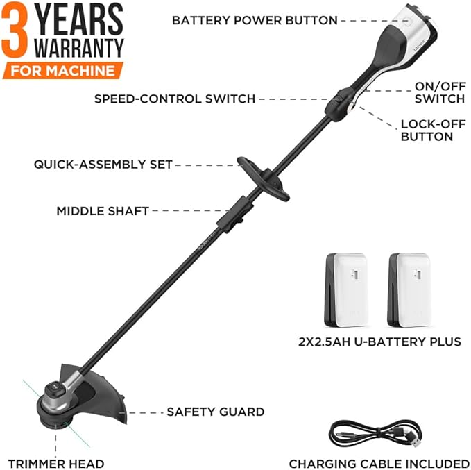 Litheli 2x20V 14" Brushless Cordless String Trimmer, Battery Powered Weed Eater, U20 Series Grass Trimmer with 2.5Ah Battery, Dual Line Bump Feed for Lawn Trimming, Lawn Care