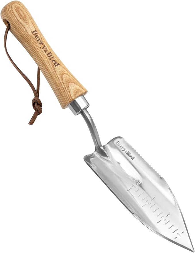 Berry&Bird Potting Trowel, Stainless Steel Serrated Hand Shovel, Wood Handle Garden Trowel Tool with Measuring Scale for Effortless Digging,Roots,Planting, Cutting and Transplanting