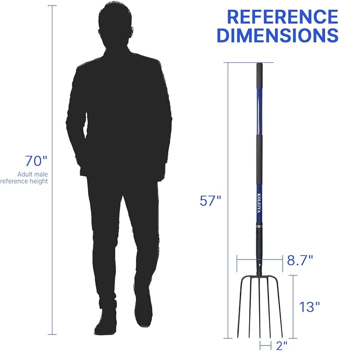Pitch Fork,Pitchforks for Gardening with Fiberglass Handle,Pitchfork for Ardwork, Farming, and Outdoors,Garden Fork 5 Tine 57 inches Blue