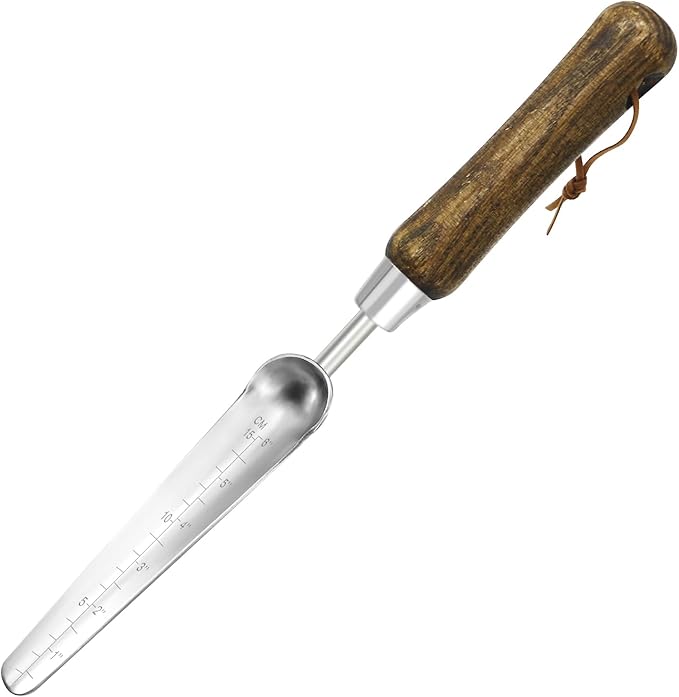 Narrow Stainless Steel Garden Trowel with Wood Handle - Heavy Duty Hand Shovel for Precise Planting, Weeding, Digging & Transplanting - Ergonomic Gardening Tool with Depth Markings