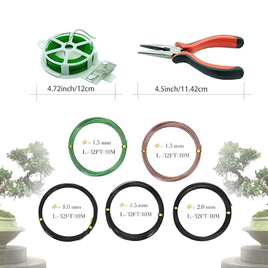 Bonsai Wire 7pcs-5 Rolls of Aluminum Bonsai Training Wire, Cutting Pliers and Plant Ties with Cutter 50 Meter Bonsai Tool Set, Adjustable Anodized Wire 1/1.5/2.0 mm for Bonsai Tree Training DIY Tools