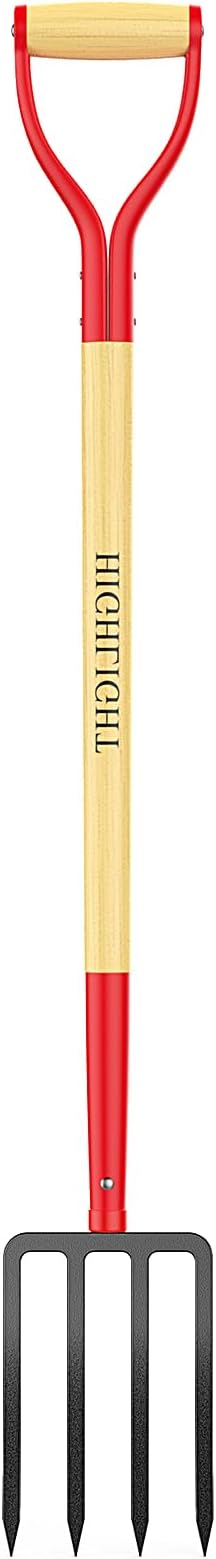 HIGHLIGHT Garden Fork, 4-Tine Spading Fork, Compost Fork, Steel Digging Fork, 45Inch, Steel D-Grip, Wooden Handle