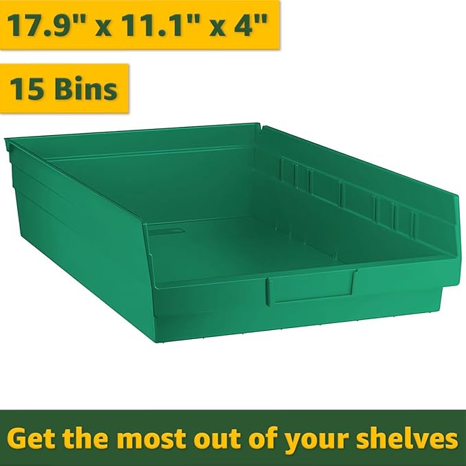 18" x 36" x 74" Garage Tool Storage Rack with 15 Plastic Bins - Heavy-Duty Commercial Metal Wire Utility Shelf, Green