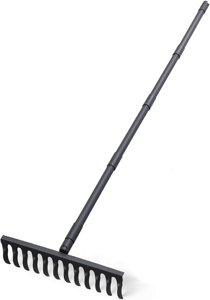 Bow Rake for Soil Leveling 60 Inch Heavy Duty Garden Tool with 12 Tines Adjustable Long Handle Thatch Rake for Gardening Loosening Soil Leveling Mulch Gathering Leaves, Black