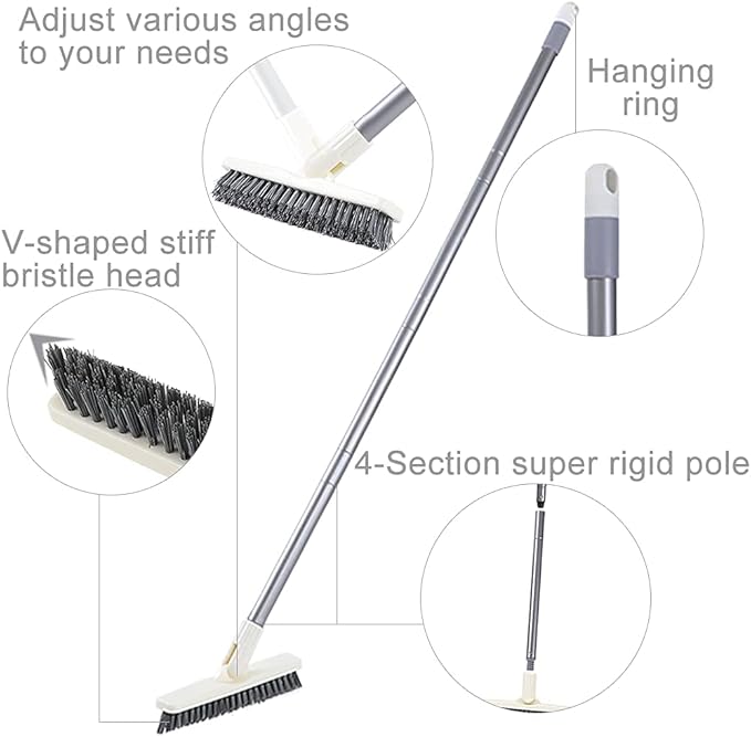 Grout Scrub Brush with Long Handle, Swivel Grout & Corner Cleaning Brush for Tile Floors, Stiff V-Shaped Bristle Grout Cleaner Brush for Grout Line, Deep Grooves, Walk in Shower, Bathroom and Kitchen
