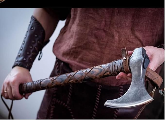 Forest Hunting| Viking Axe Real Battle self Defense Weapons War Hatchet Medieval Axes Costume for Men Camping ax 27'' Ashwood Handle and 3.5lbs Leather Sheath Viking Gifts Men (Ragnar Lothbrok Axe)