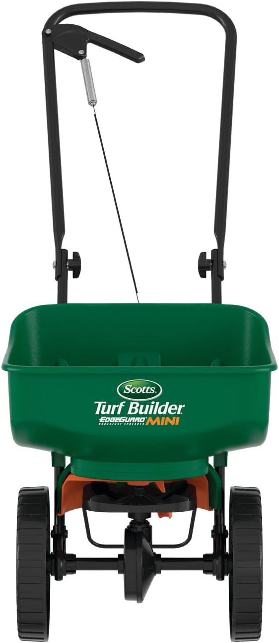 Scotts Turf Builder EdgeGuard Mini Broadcast Spreader for Seed, Weed and Feed, Fertilizer, Salt, Ice Melt, Push Spreader Holds up to 5,000 sq.ft. Product