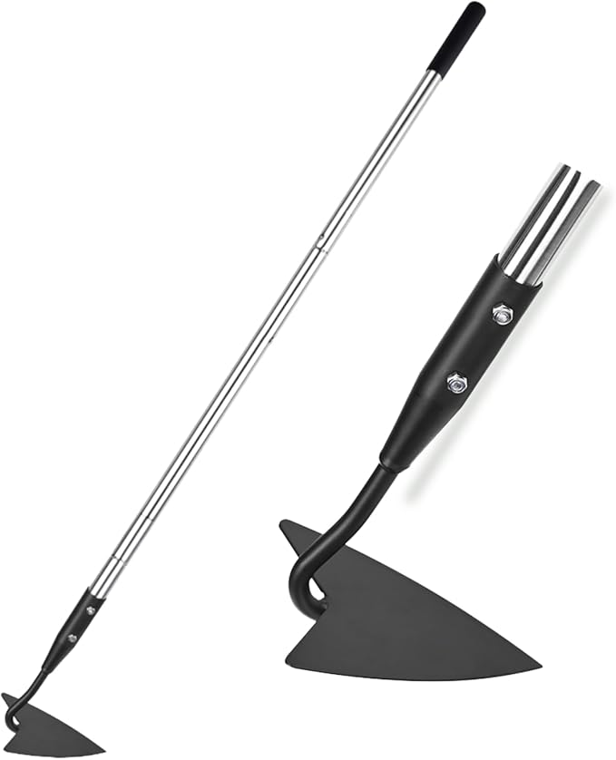 Warren Hoe, Carbon Steel Triangle Garden Hoe with Stainless Steel 57" Adjustable Long Handle, Heavy Duty Gardening Hand Tools Hoe for Ridging Weeding Digging Loosening Edging Soil, Balck