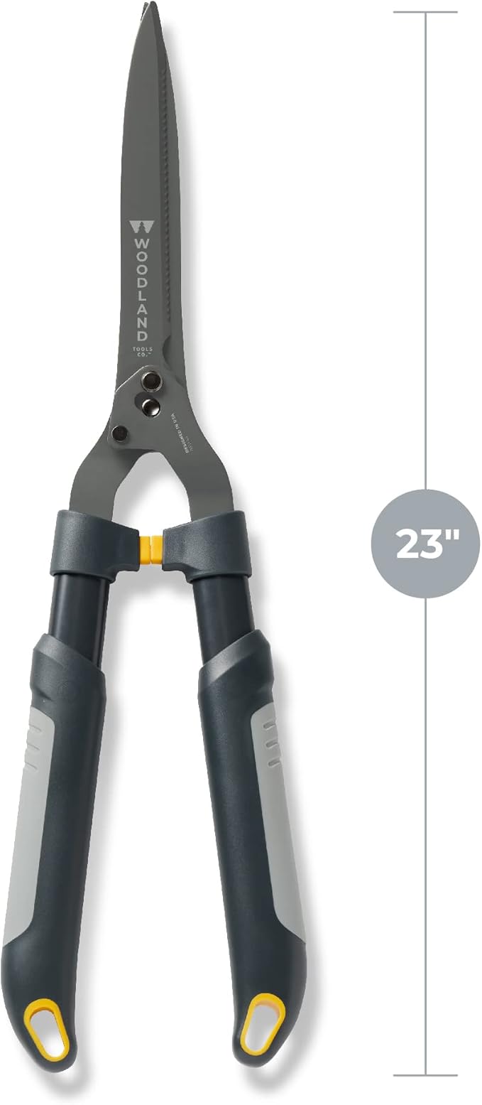 Woodland Tools Heavy Duty Hedge Shears, 25 Inch Manual Hedge Clippers with 10 Inch Lever-Assist Blades and Non Stick Coating, Branch Trimmer for Dense Shrubs and Overgrown Hedges