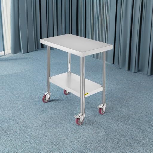 Mophorn 30x18x34 Inch Stainless Steel Work Table 3-Stage Adjustable Shelf with 4 Wheels Heavy Duty Commercial Food Prep Worktable with Brake for Kitchen Prep Work