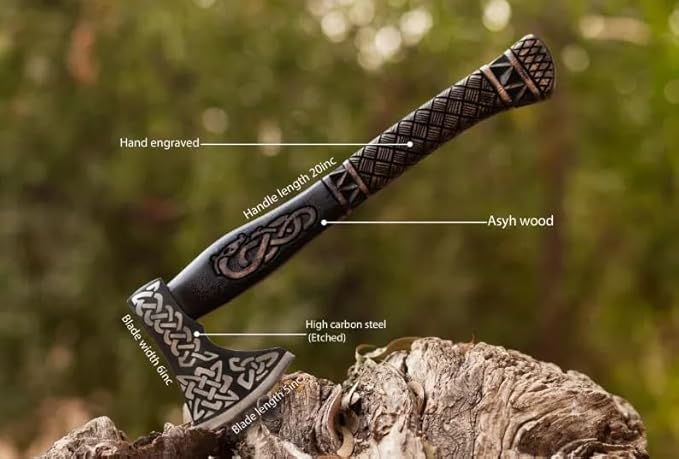 19" Viking Axe with Leather Sheath | Hand-Forged Carbon Steel Engraved Bearded Axe for Camping, Bushcraft, Gifts for Men (Black)