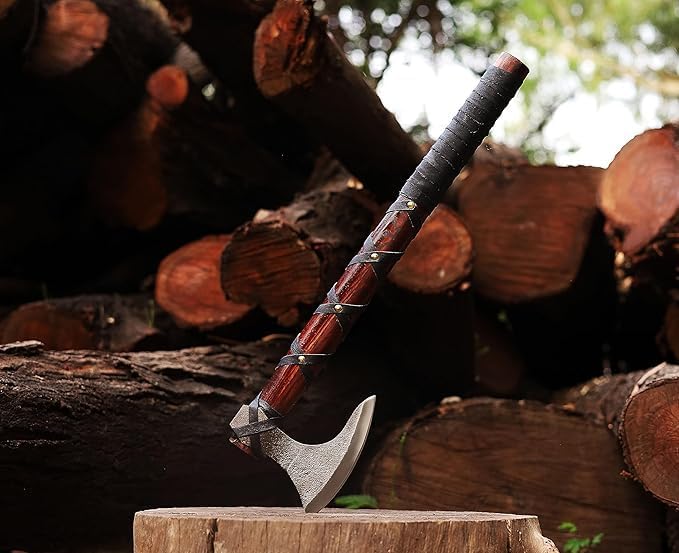 Viking Axe | Hand-Forged Carbon Steel Tomahawk with Rosewood Handle & Leather Sheath, Bearded Axe for Camping, Bushcraft, Throwing, Gifts for Men (Brown)