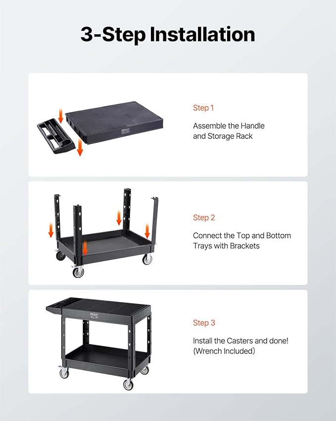 VEVOR Utility Cart, 550 lbs Load Capacity, 37 x 25.4-inch Service Cart, Two-Shelf Heavy Duty Plastic Utility Cart with 360° Swivel Wheels (2 with Brakes), Suitable for Warehouse, Garage, Cleaning