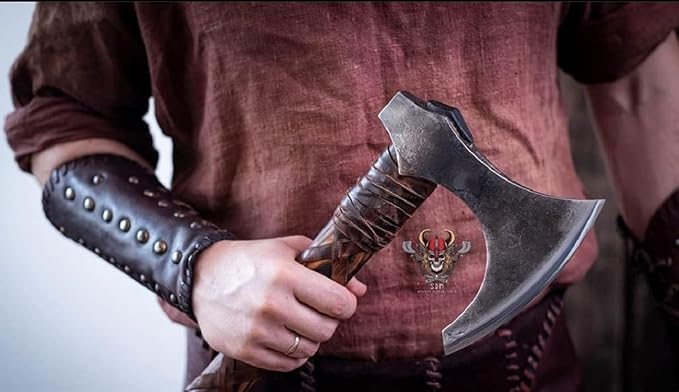 Forest Hunting| Viking Axe Real Battle self Defense Weapons War Hatchet Medieval Axes Costume for Men Camping ax 27'' Ashwood Handle and 3.5lbs Leather Sheath Viking Gifts Men (Ragnar Lothbrok Axe)
