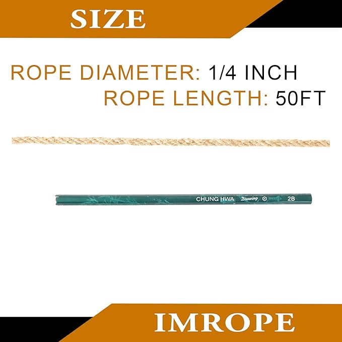 50 ft 1/4 inch (6mm) Jute Twine Rope, Clothesline Natural 4 Strands Jute Rope for DIY Arts Crafts, Garden, Home Decorating