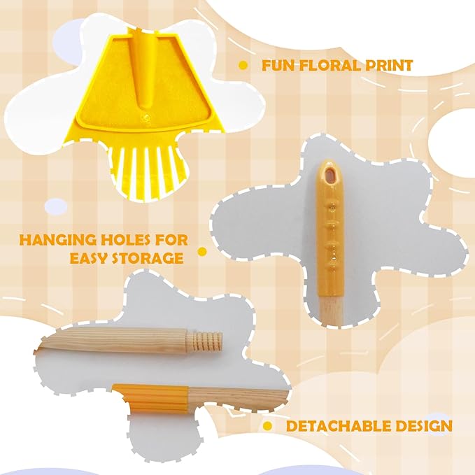 Kids Leaf Rake - 3-Section Adjustable Handle, Lightweight, Wood & Plastic, Small Garden Tool for Children (Yellow)