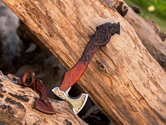 Qepaa Crafts® Viking Axe – 20" Fenrir Carved Norse Hatchet | Hand-Forged High Carbon Steel Axe with Ashwood Handle & Leather Sheath (LHA)