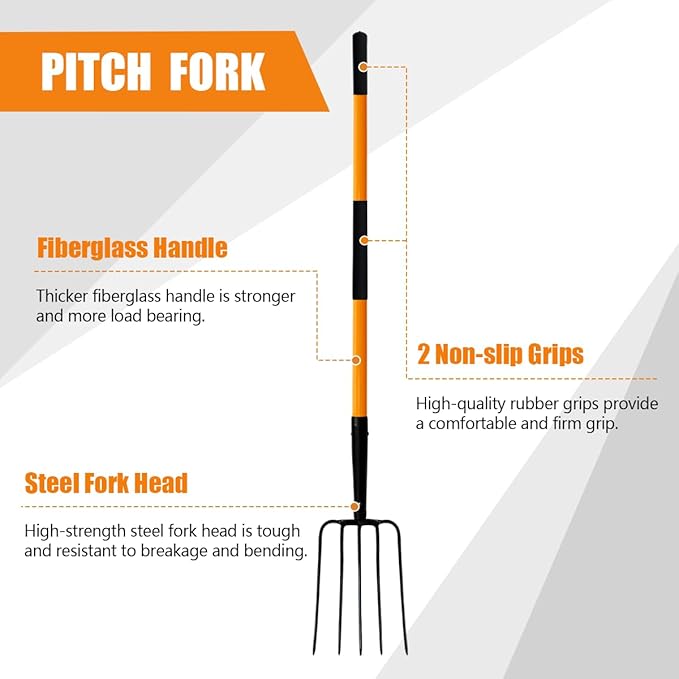 VNIMTI Pitch Fork for Gardening, 5 Tine Pitchfork Heavy Duty with Fiberglass Handle, 58 Inches