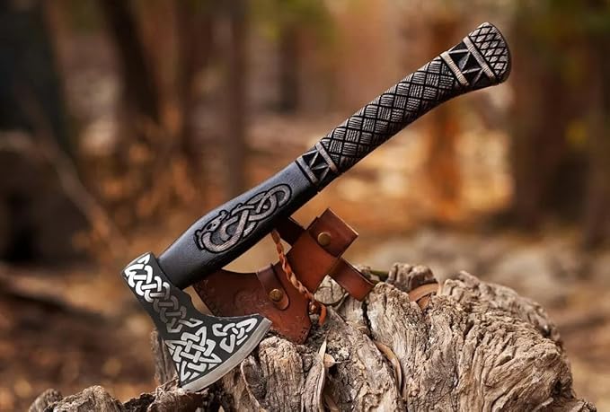 19" Viking Axe with Leather Sheath | Hand-Forged Carbon Steel Engraved Bearded Axe for Camping, Bushcraft, Gifts for Men (Black)
