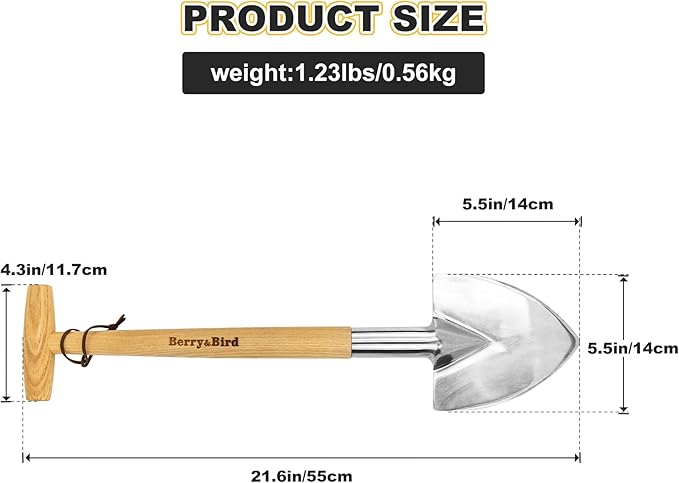 Berry&Bird Perennial Shovel, 21.6'' Pointed Head Garden Spade with Sharp Blade Wood Hand Shovel, Stainless Steel Long Trowel Gardening Tool for Roots, Planting, Digging, Transplanting and Cutting