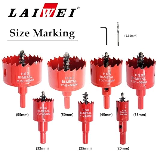 Hole Saw Kit - 7PCS Power Drill Tool Set for Wood, PVC, Aluminium, Drywall (20-55mm)