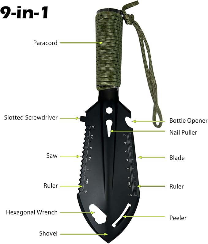2 Pack Samll Survival Shovel, 9 in 1 Mini Camping Shovel, Ultralight Backpacking Trowel Shovel, Backpacking Gear for Hiking, Camping and Survival Bags (Black)