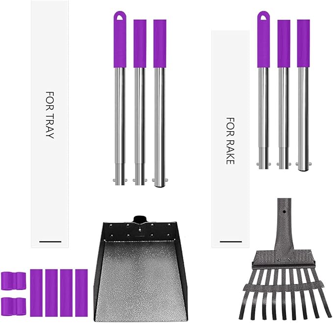 QiMH Upgraded Dog Pooper Scooper Extra Large, Adjustable Long Handle Stainless Metal Pet Poop Tray and Rake Set for Large Medium Small Dogs, Dog Waste Removal Bin Rake, Great for Grass, Street, Gravel