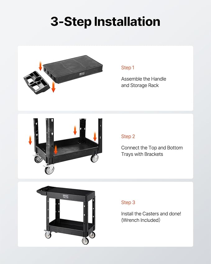 VEVOR Utility Cart, 550 lbs Load Capacity, 31.3 x 17.7-inch Service Cart, Two-Shelf Heavy Duty Plastic Utility Cart with 360° Swivel Wheels (2 with Brakes), Suitable for Warehouse, Garage, Cleaning