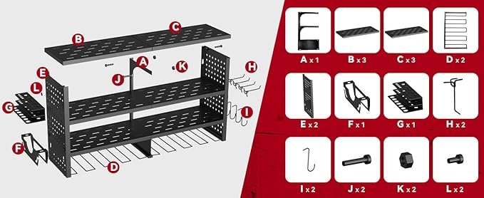 Power Tool Organizer Wall Mount, Heavy Duty 4-Tier Garage Storage Rack with Hooks and Cordless Drill Holder, Utility Racks for Screwdrivers, Pliers, Hammers,AngleGrinder, Shelf for Workbench