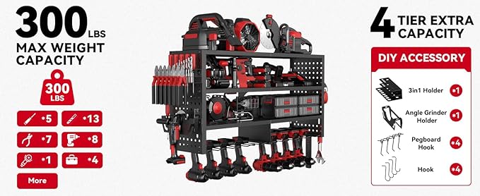 Power Tool Organizer Wall Mount, Heavy Duty 4-Tier Garage Storage Rack with Hooks and Cordless Drill Holder, Utility Racks for Screwdrivers, Pliers, Hammers,AngleGrinder, Shelf for Workbench