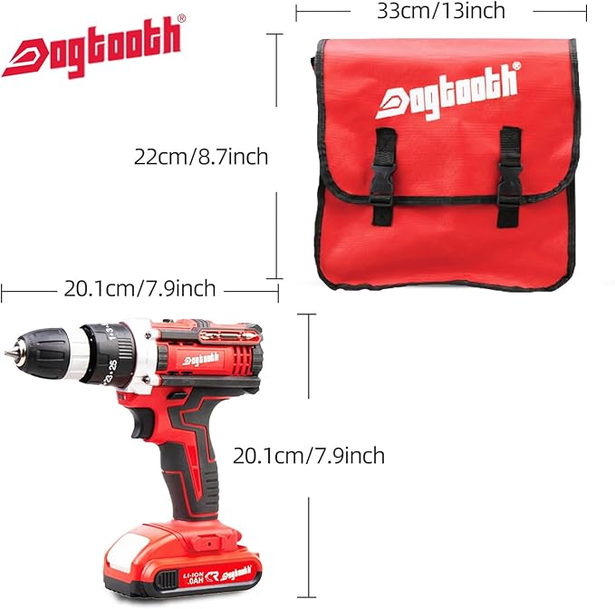 DOGTOOTH 21V MAX Cordless Drill, 1* Battery and Charger, 2 Variable Speed Max 1350 RPM, Build-in LED, 23 Bits, Storage Bag - Red