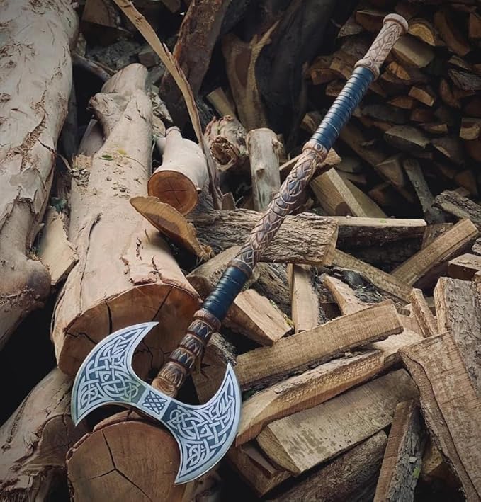 Hand Forged Double Headed Carbon Steel Axe – Bearded Battle Axe with Ash Wood Handle and Leather Sheath – Handmade Functional Gift for Him (DHA)